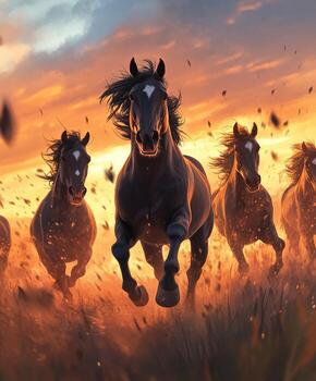 Horses galloping across a meadow at sunset creating a dramatic effect photo