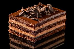 Indulgent chocolate layered cake with rich frosting and chocolate shavings photo