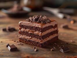 Delicious chocolate cake slice with creamy layers and chocolate shavings photo