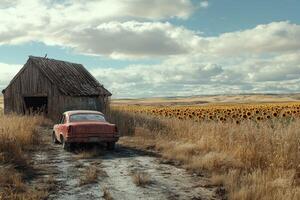 Old car parked beside a rustic barn surrounded by sunflowers at sunset photo