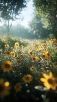girasol campo floraciones en Mañana ligero con suave niebla y verdor foto