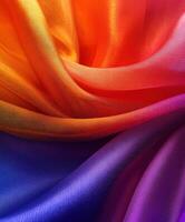 Vibrant silk fabric displays a gradient of warm and cool colors photo