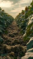 Sunlight filters through rows of sunflowers in a blooming agricultural field photo