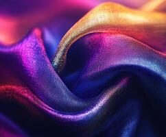 Vibrant silk fabric flowing in rich purple and gold hues under soft light photo