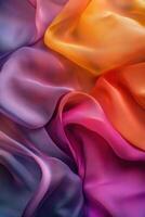Colorful fabric drapes in soft folds creating a vibrant texture display photo