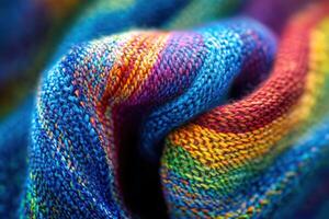Colorful knitted fabric showcasing vibrant rainbow patterns and textures photo