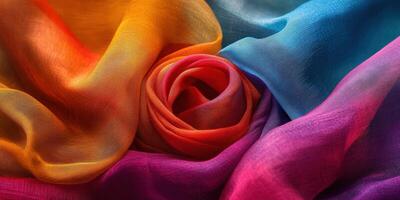 Colorful silk fabric arranged to form a vibrant rose in a textile display photo