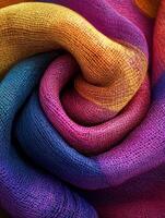 Colorful fabric swirl showcasing vibrant texture and hues in close-up photo