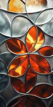 Beautiful stained glass design with vibrant orange and silver patterns photo