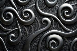Intricate black and silver swirling patterns on textured surface photo