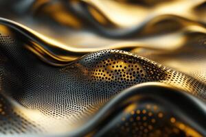 Textured fabric with shimmering golden waves reflecting light in close-up photo