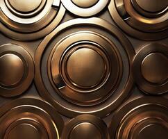Decorative circular gold and bronze plates arranged on a textured wall photo