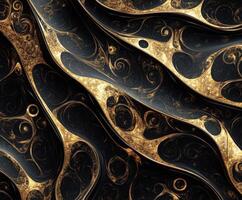 Intricate patterns of gold and black swirl across the textured surface photo