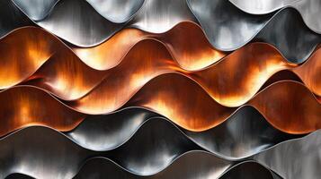Abstract metal art displaying wavy patterns of copper and steel textures photo