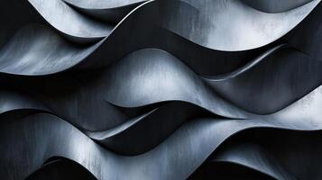Curved metallic waves create an abstract art installation in cool tones photo