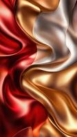 Textured fabric drapes in shades of red, gold, and silver create visual depth photo