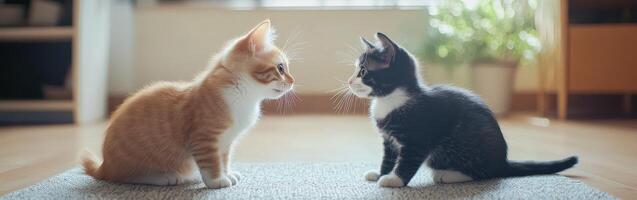 Two adorable kittens face each other in a cozy living room setting photo