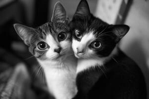 Two cats cuddling closely together with curious expressions photo