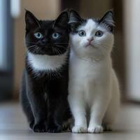 Two adorable kittens with striking eyes posing together in a cozy home photo
