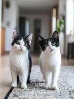 Two playful black and white cats walking together in a bright home photo