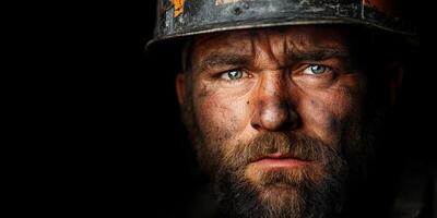 minero con intenso mirada exhibiendo determinación y Resiliencia en oscuro ajuste foto