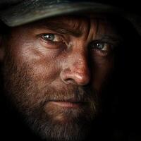 Miner working in a dark underground environment with intense expression photo