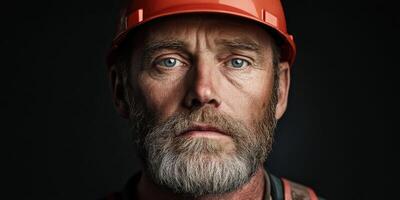 Miner with orange helmet and a serious expression in a dark setting photo