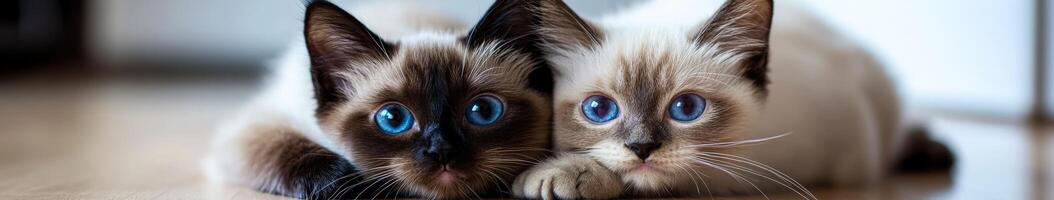 Two playful kittens lounging on a wooden floor in soft natural light photo