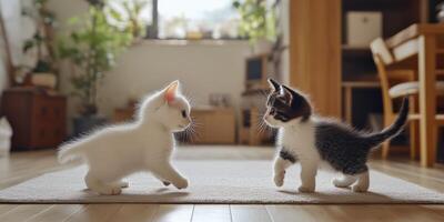 Playful kittens enjoy a sunny afternoon in a cozy indoor space photo