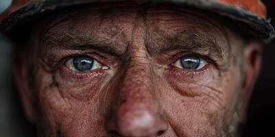 Miner with striking blue eyes showing years of hard work and resilience photo