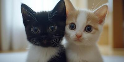 Cute black and white kittens cuddling together in a cozy indoor setting photo