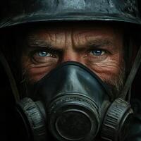 Miner wearing protective gear with a focused expression in dark surroundings photo