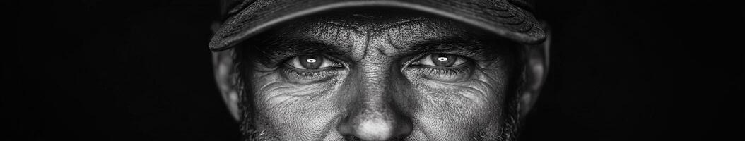 Miner with intense gaze showcasing the wear of years in a harsh environment photo