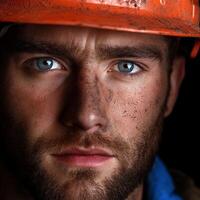 Miner with striking blue eyes and dirt-streaked face in close-up photo