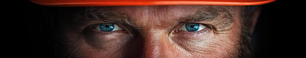 Miner focusing intensely with bright blue eyes and helmet on photo