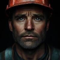 Miner with rugged expression shows determination and strength during work photo