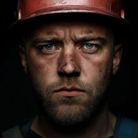 Miner with intense gaze wearing hard hat and showing signs of work in progress photo