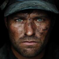Miner displaying determination and grit after a long day of work underground photo