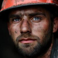 A miner with blue eyes and a dirt-covered face looks intensely at the camera photo