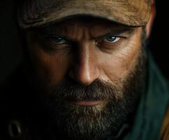 Miner with intense expression working in a dark environment photo