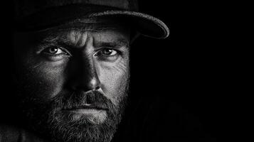 Miner focused on work with intense gaze in dramatic lighting photo