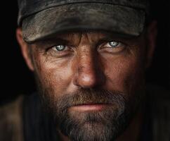 A miner focuses intently, revealing deep lines and dirt on his face photo