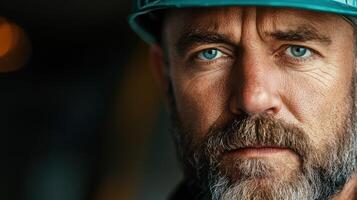 Miner in hard hat with intense gaze showcasing diligence and strength photo