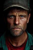 Miner in work attire expressing serious determination after a long shift photo