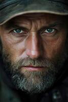 Miner with intense gaze capturing the spirit of hard work and resilience photo