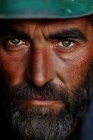 Miner with intense gaze and rugged features during underground work in the mine photo