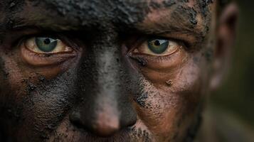 Miner with a dirt-covered face, focused and working underground photo