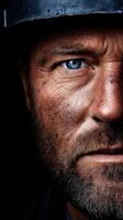 Miner with striking blue eyes showcases hard work and determination photo