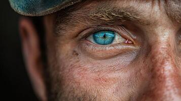 Miner with striking blue eye gazes intently into the depths of the mine photo