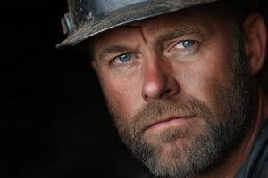 Miner with intense gaze captures the essence of hard labor in underground work photo